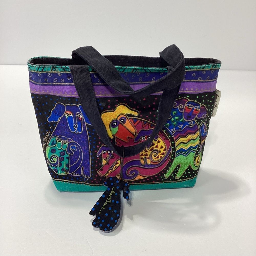 Laurel Burch Tote Purse Bag Dog Animal Print Black Purple Colorful Whimsical